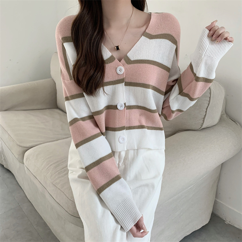 Pure Lust Style Hottie Contrast Stripesd Knitted Cardigan for Women 2024 Spring New Loose Slimming Look Versatile Short Top