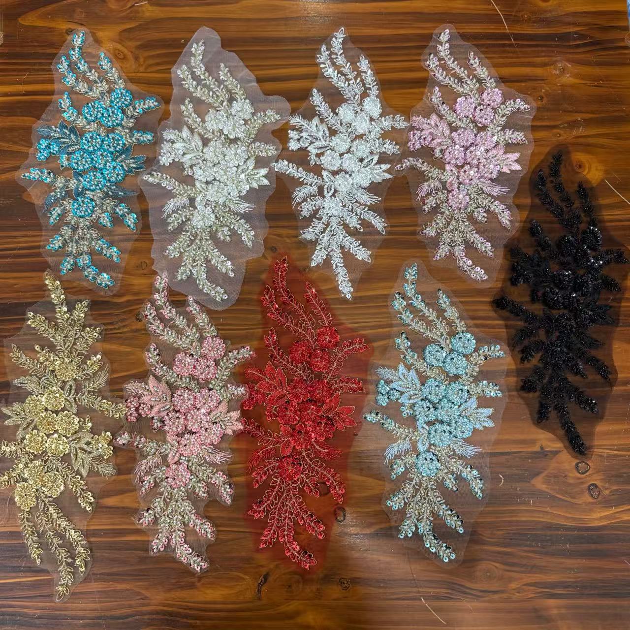 珠子立体花朵网纱刺绣亮片布贴蕾丝补丁婚纱衣裙汉服装饰辅料DIY