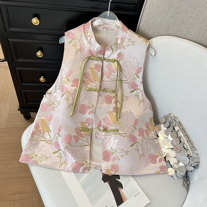 Новый универсальный жилет в китайском стиле в стиле ретро для женщин, ранняя весна, воротник-стойка, пуговицы, без рукавов, с вышивкой, улучшенный жилет в костюме Тан
