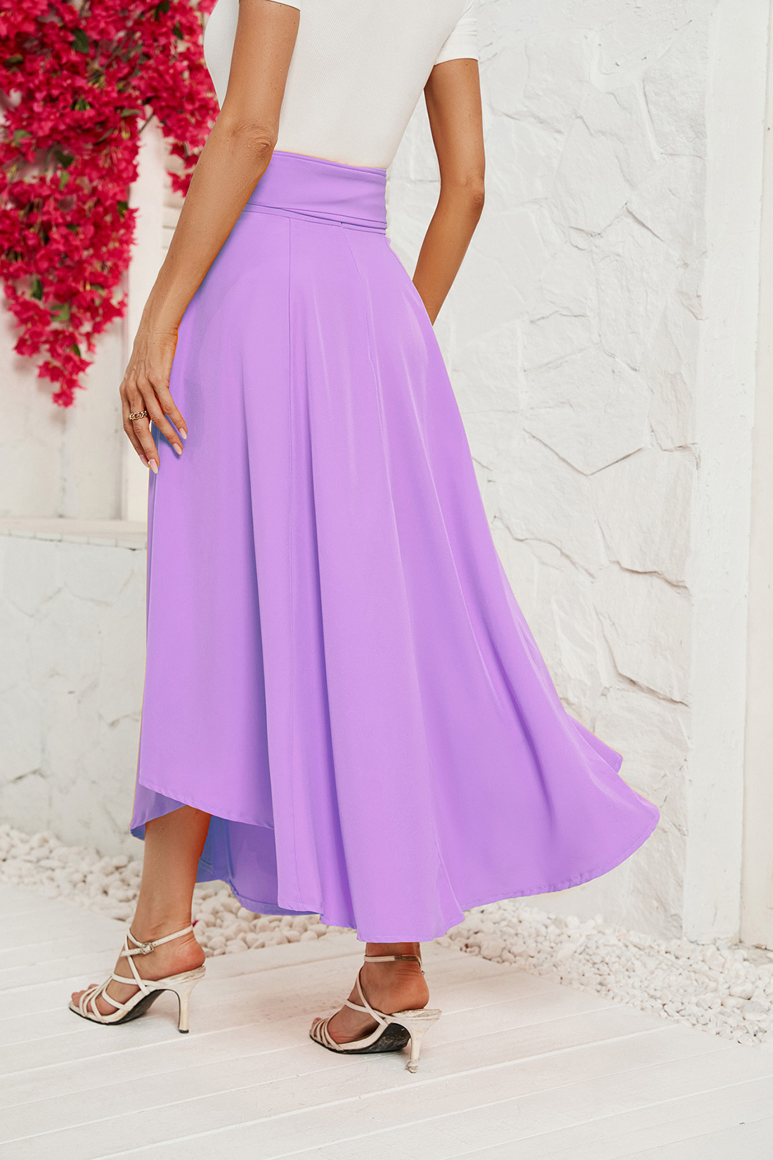 Women's Solid Colour Lace-up Midi Skirt Elegant Summer Fashion_voghion.com