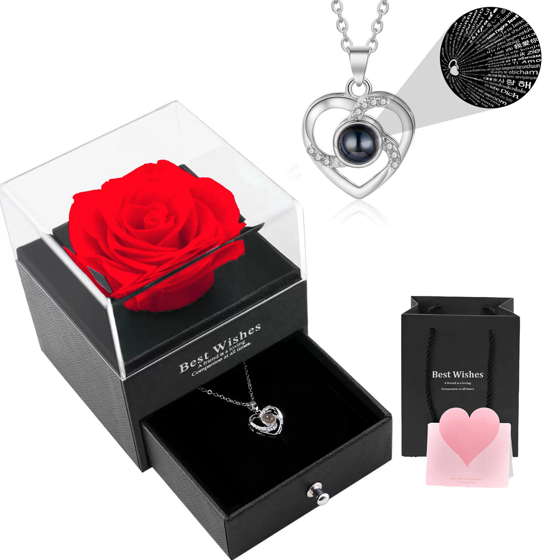 跨境OZON爆款项链女 100种语言我爱你投影心形吊坠镶钻爱心锁骨链