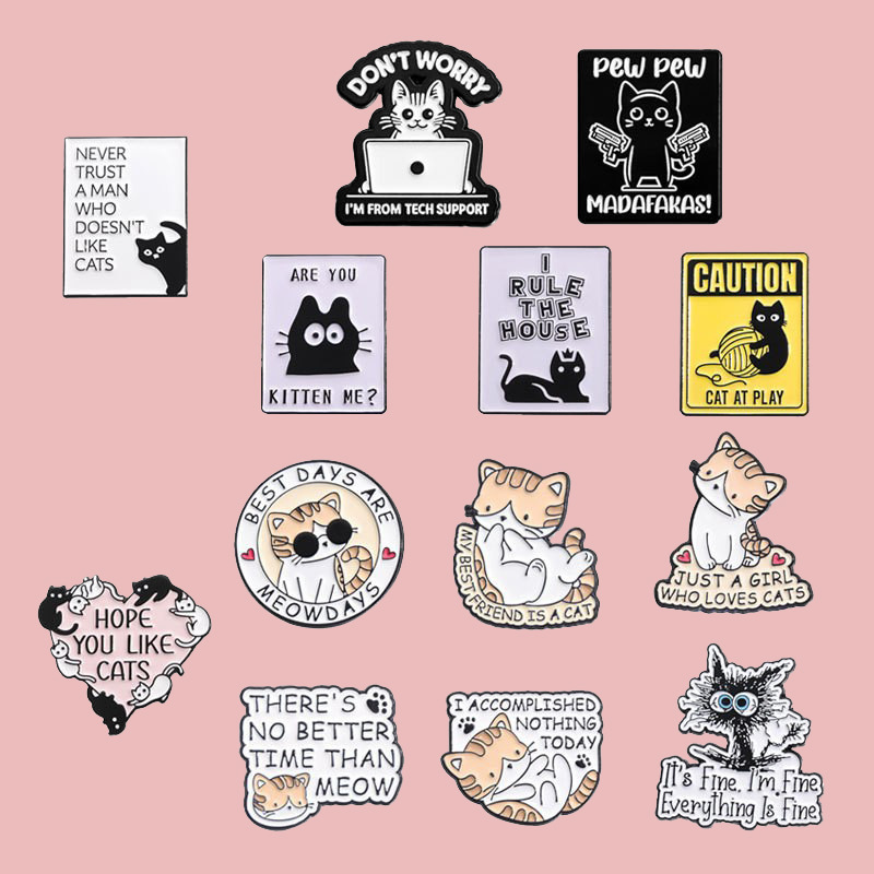 Cartoon Animal Cat Series Metal Badge Fun English Letter Paint Pin Brooch suit Combination Wholesale