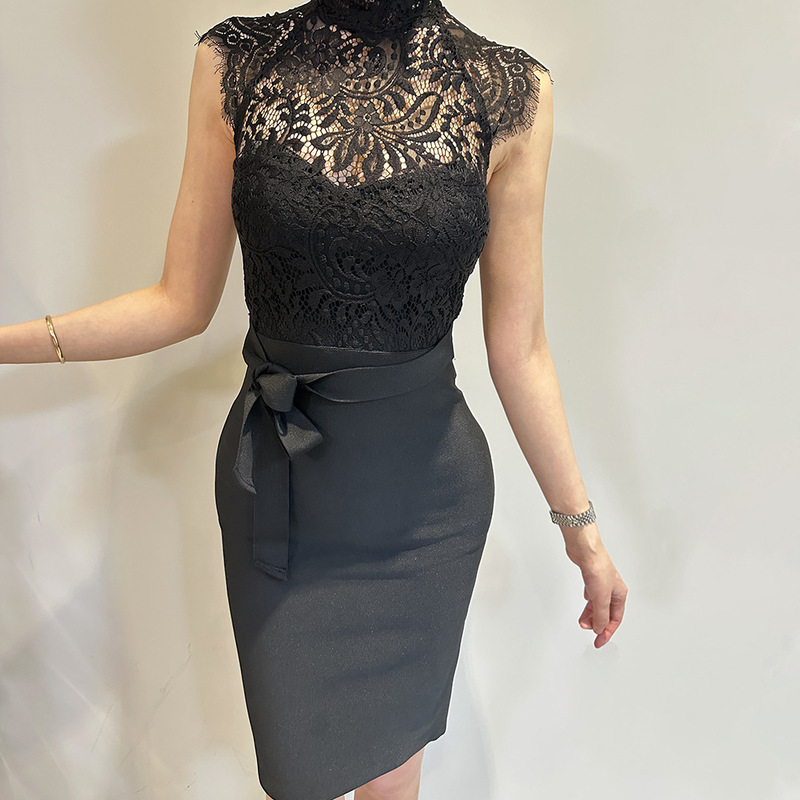 Valentine's Day Date Black Lace Belt Bandage Dress Elegant Luxurious Waist-Cinching Women's Evening Gown