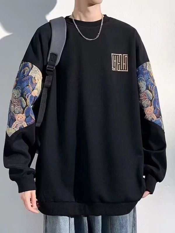 拼接宽松大码圆领卫衣男款春秋季胖子潮流刺绣加肥加大上衣服|undefined