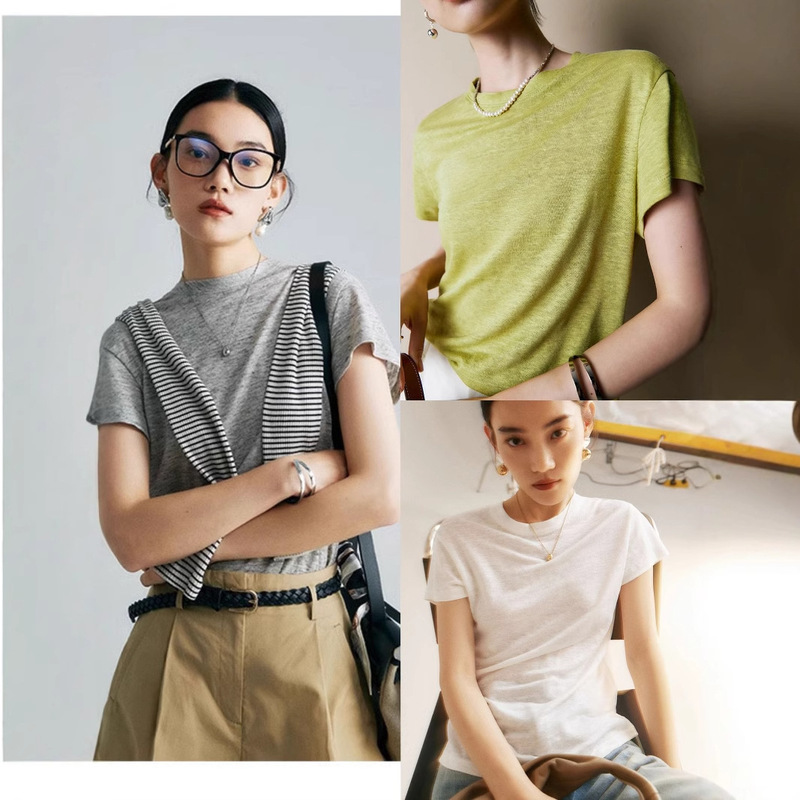 60S Old Qian Feng Ya Ma Tian Silk Cold Leather Air Simple Round Neck U Neck Slim Look Short Sleeve T-shirt Women's 25 New