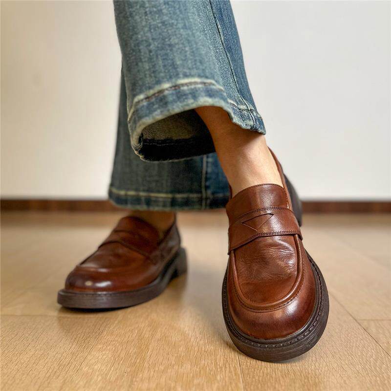 Giày lười nữ da thật Anh, mũi tròn, gót thấp 3–5 cm, đế bằng — màu đen chi tiết 11