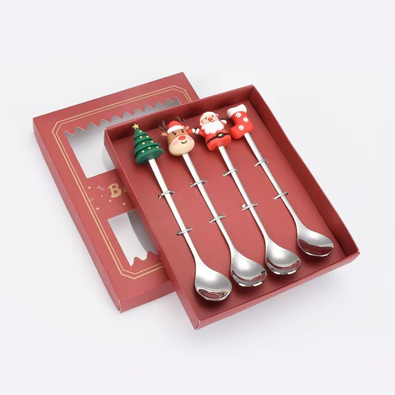Cucharas de acero inoxidable transfronterizas muñecas de Papá Noel cubiertos cajas de regalo caseras de café mezclador cucharas de postre horquilla de frutas