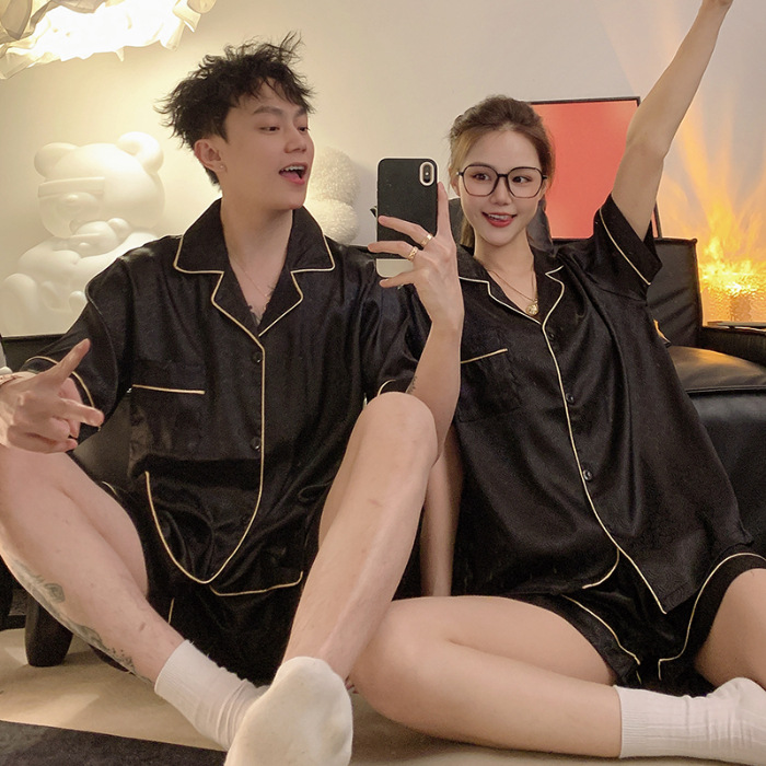 Pajamas de pareja de seda de alto nivel de verano de mujeres de manga corta grande set de seda delgada de verano ropa para el hogar de hombres