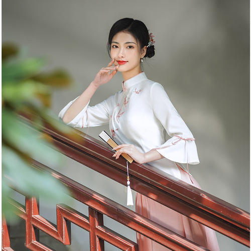 Elegant Chinese dress ancient traditional qipao tops hanfu cheongsam two-piece set women cotton and linen temperament Tang suit tea art clothes female