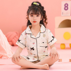 2025夏の子供用パジャマ女性の薄いタイプの雲綿の半袖の襟のスーツのエアコンの服の大きい子供の家の服