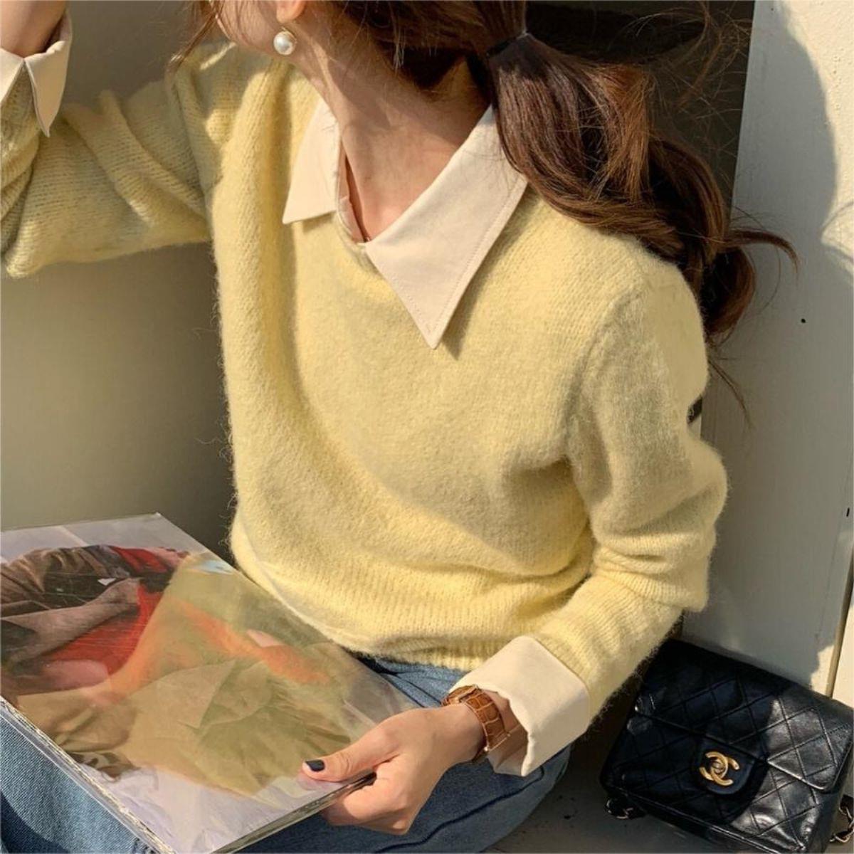 韓国系の偽のシャツの襟のセーターの女性の秋冬の新型の中で怠惰な風が色の襟のニットの上着の女性にぶつかります。