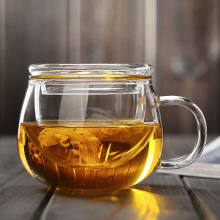 家用饮料喝水圆趣杯透明玻璃花茶泡茶杯带把手玻璃茶水分离花茶杯