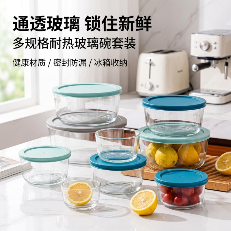 Refrigerator-Safe Transparent Glass Bowl with Lid, Large Fruit Salad Bowl, High-Temperature Resistant Tableware, Heat-Resistant Soup Bowl, Instant Noodle Bowl