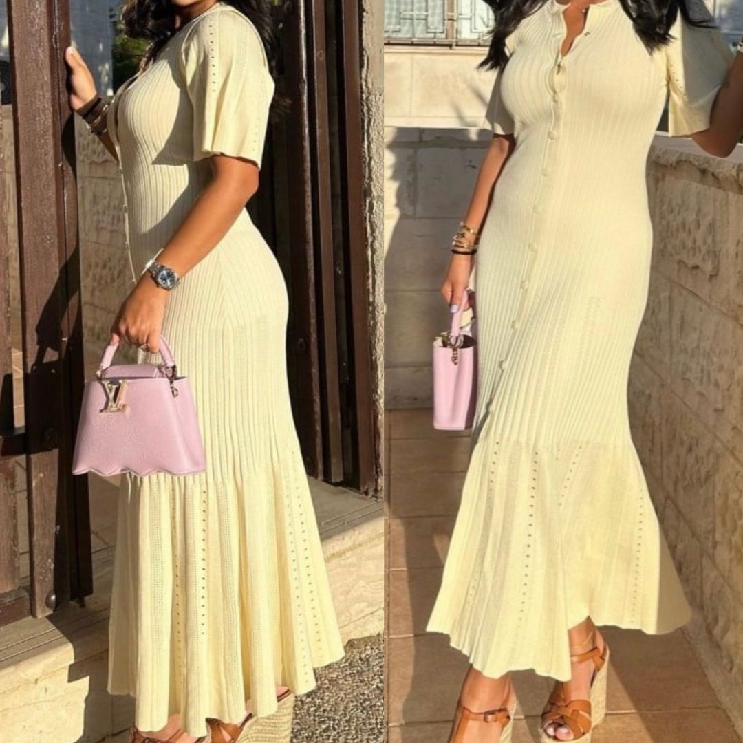 summer solid color elegant knitted long skirt with a round collar