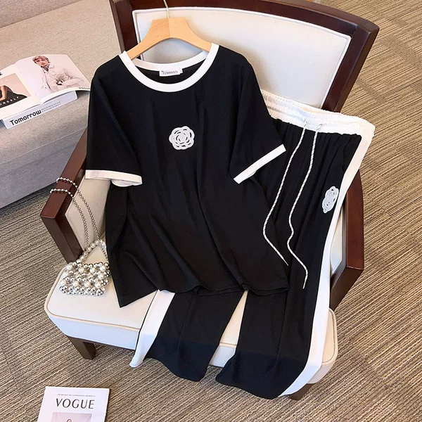 Plus-size women's clothing for plus-size ladies, new fashionable slimming short-sleeve T-shirt and cropped pants casual outfit 7159