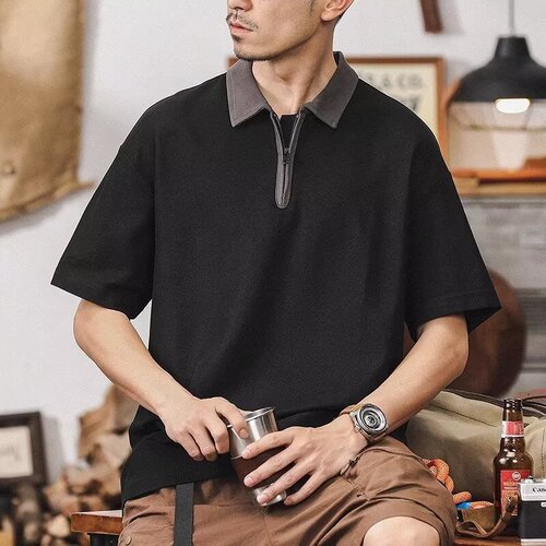 Summer Heavyweight Loose Zipper Collar Sports Men's Trend Brand Half Sleeve T-Shirt American Retro Polo Shirt Men's Short Sleeve