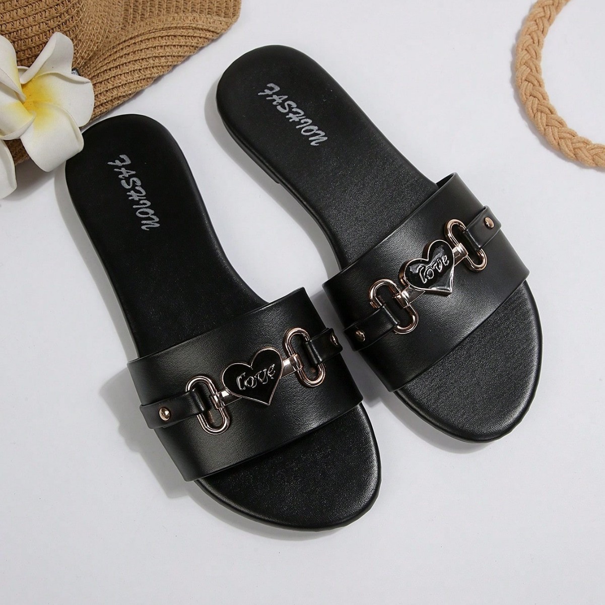 Zapatillas Planas para Mujer de Cuero Sintético con Decoración de Metal para Uso Casual