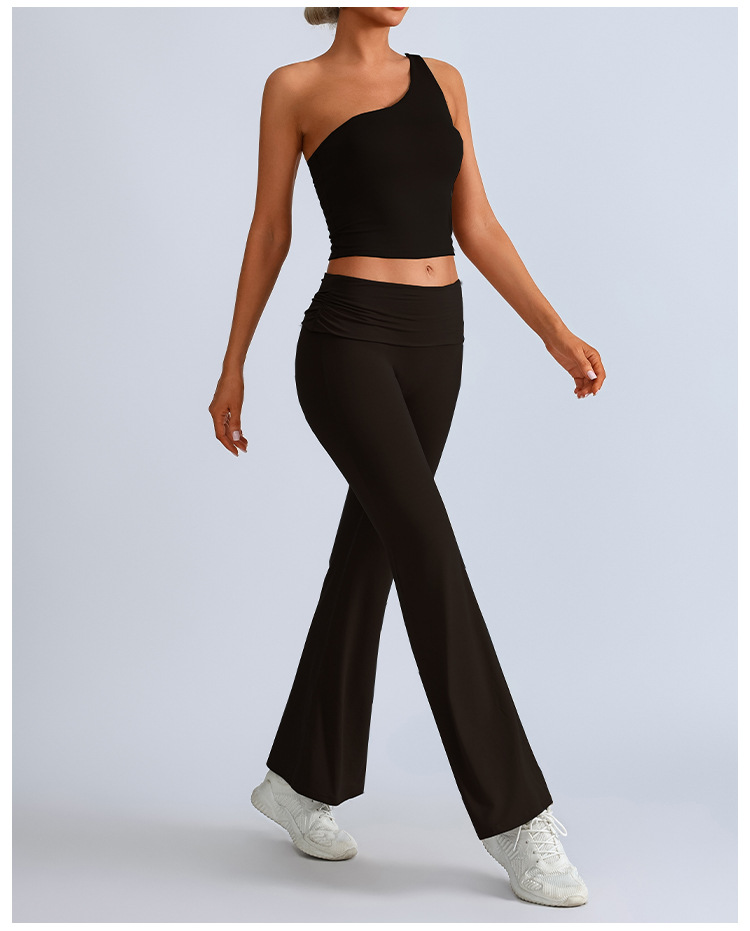 Traje de yoga transfronterizo europeo y americano, top irregular de un solo hombro para mujer, deportes, fitness, caderas, pantalones anchos, pantalones micro
