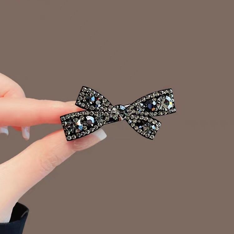 Rhinestone Black Bow Clip Hair Clip Side Clip Broken Hair Bangs Clip One-word Clip Hair Accessories Women's Top Clip Hairpin