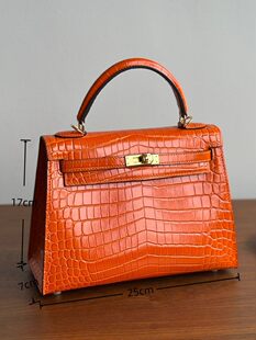 Hjia crocodile pattern genuine leather Kelly bag 25cm all steel hardware first layer cowhide embossed imitation crocodile leather handbag for women
