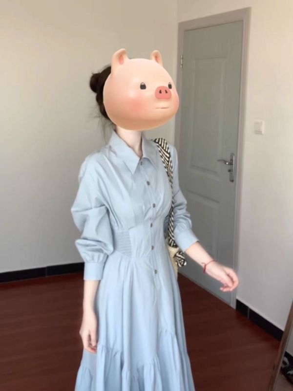 法式秋季收腰气质2025秋新款学院显瘦蓝色长裙长袖衬衫连衣裙学生|undefined