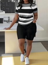 M 38540 Striped 3D Print T-shirt Set ���� 3D ӡ�� T ����
