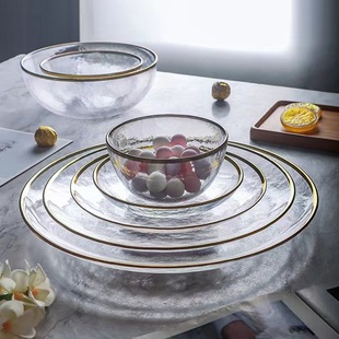 Nordic style golden edge hammer pattern glass plate Bowl suit transparent Western food plate pad plate household dessert bowl steak plate disc