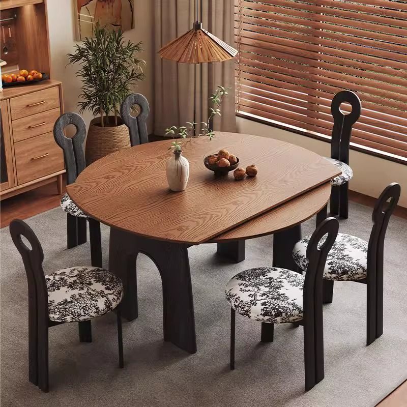 Medieval Style Solid Wood Dining Table French Retro Home Retractable Folding Variable Round Dining Table Wooden Track Jumping Table and Chairs