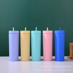 16oz frosted straw cup plastic straight Cup simple drink cup SKNNY New AS bright sports water Cup