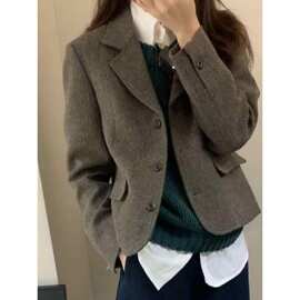 法式小众人字纹风外套女春秋休闲小个子西装正肩短款上衣