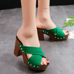 Women's 2018 Spring New Fish-Toe One-Side Rivet Cross Strap High Heel Thick Sole Roman Sandals