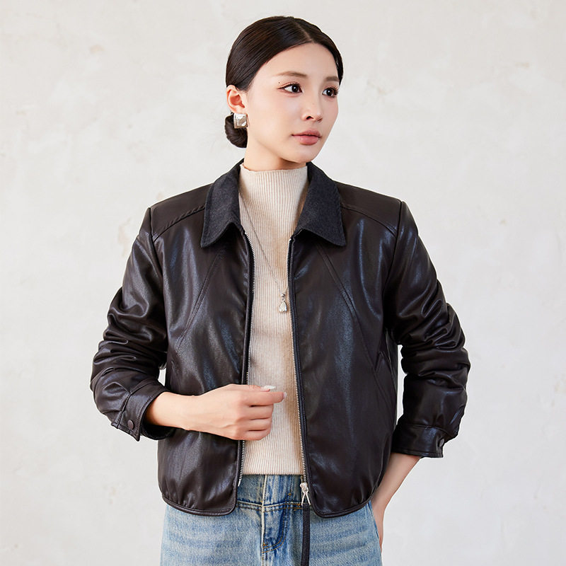 Áo khoác da nữ cổ bẻ dáng ôm phối lông bên trong kiểu mới — màu cà phê, đen, Màu cà phê Fleece dày, Màu đen Fleece dày