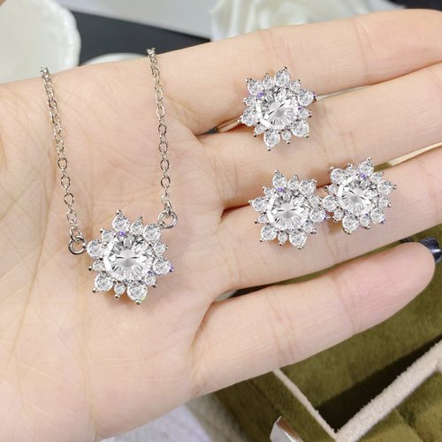 Live broadcast HW small crowd full diamond flower sunflower necklace female internet celebrity same style ring imitation zircon simple earrings set 