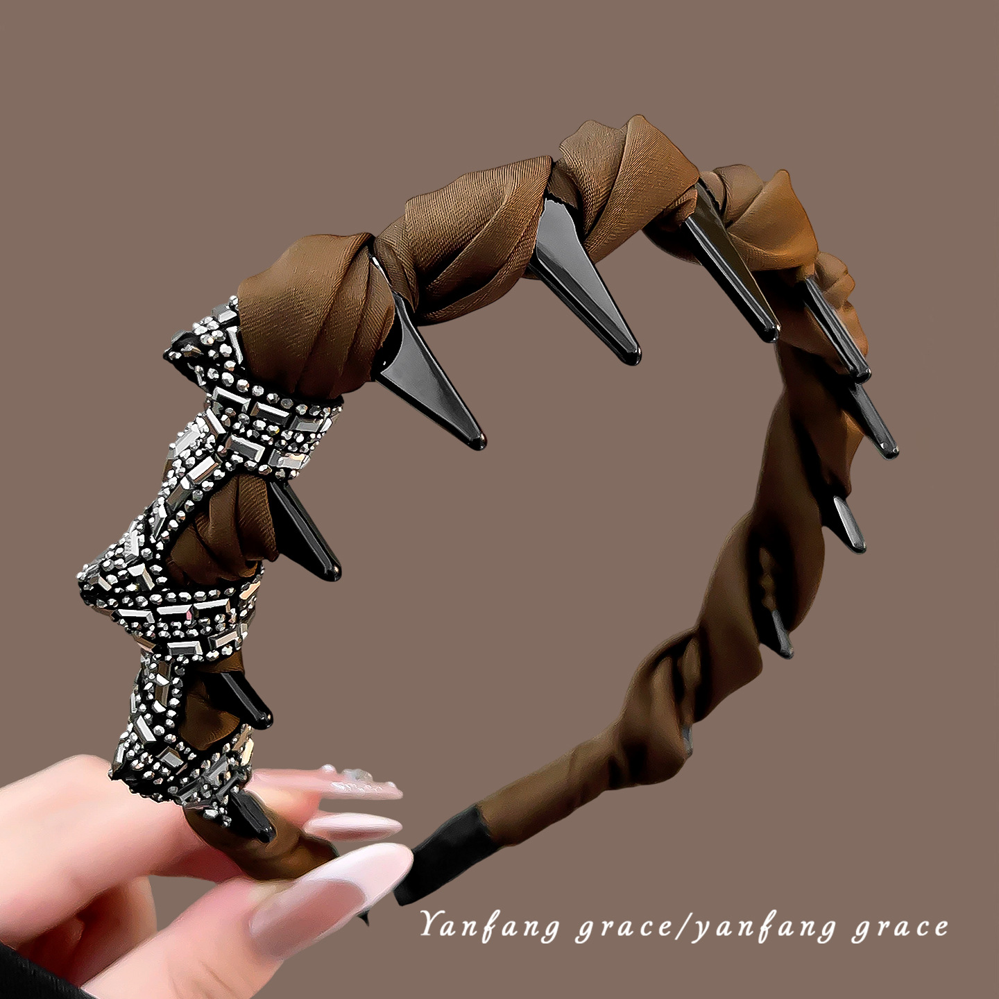 Brown satin knotted diamond headband