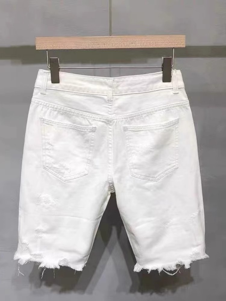 Women's High-Waisted White Denim Shorts Straight Leg Loose Fit Ripped Mid-Length Trendy Summer Style Casual Thin_mkmklike.com