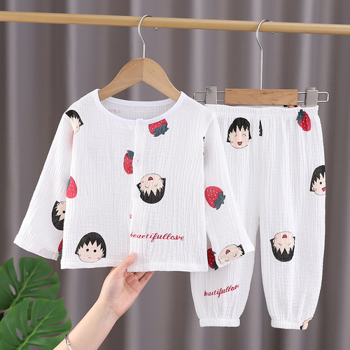 Summer Wear Double-layer Cotton Gauze Pajama Set for Infants and Toddlers, Boys and Girls, Long-sleeved Air Conditioning Suit, Summer Home Clothes