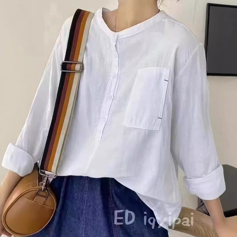 Lh Solid Color T-Shirt Spring 2022 Round Neck Loose Long Sleeve Vintage Casual Shirt Top for Women