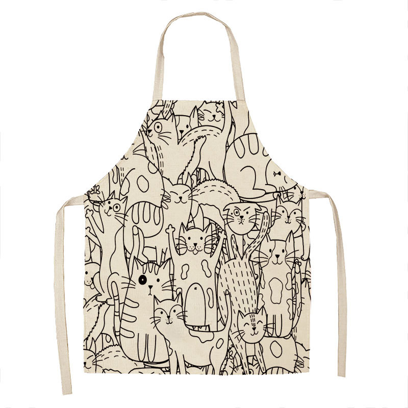 Gato blanco y negro de dibujos animados delantal lino cocina casera sin mangas halter antifouling cintura niños babero