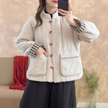 棉麻棉衣女 中国风外套女撞色盘扣立领短款棉服民族风中式棉袄