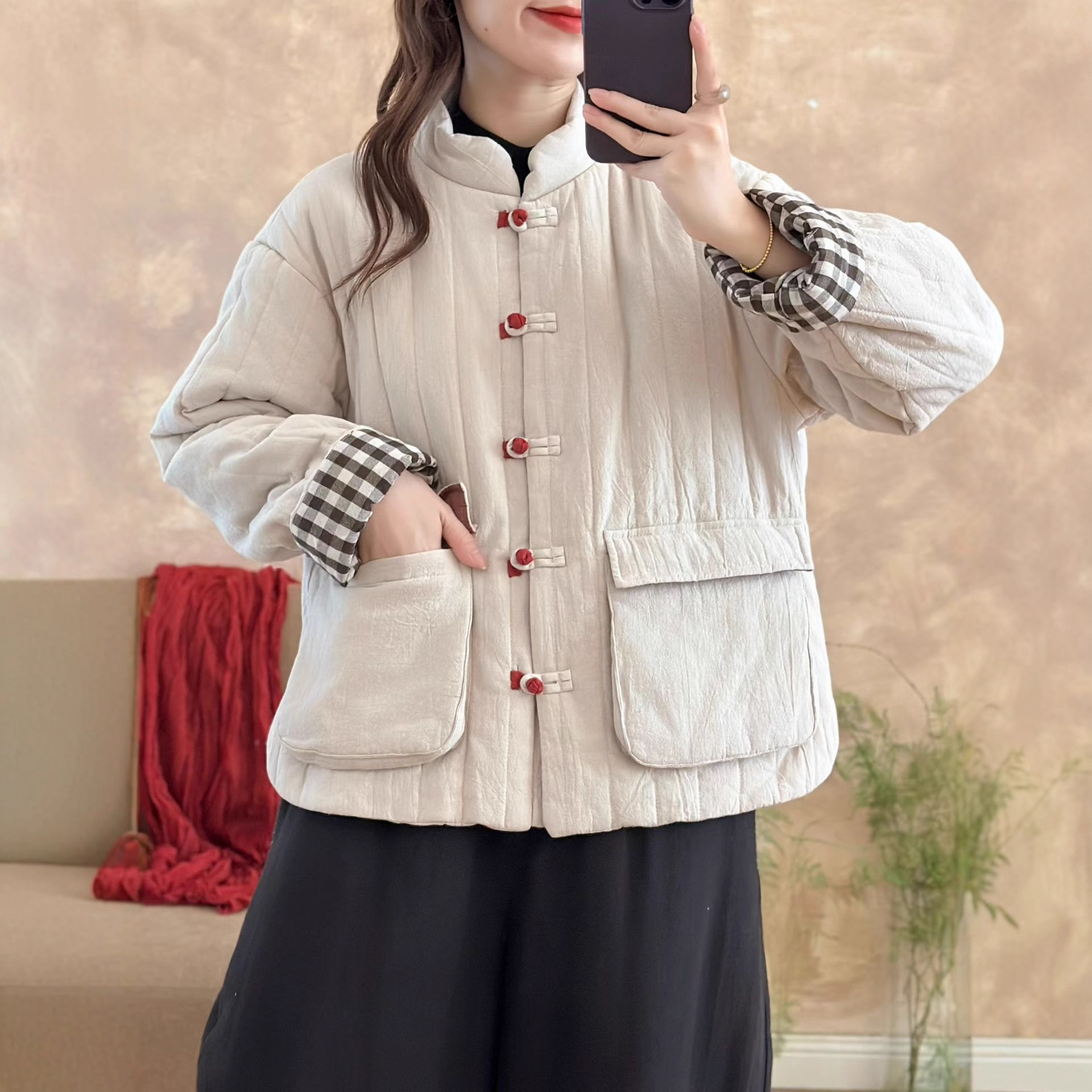 棉麻棉衣女 中国风外套女撞色盘扣立领短款棉服民族风中式棉袄