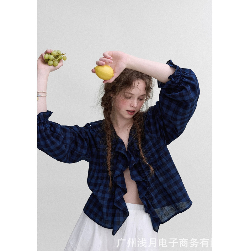 Le Nordic Vintage' Patchwork Romantic Lace Striped Plaid Ruffle Shirt for Women