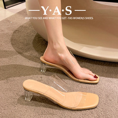 高跟鞋涼鞋女2024年夏季新款時尚透明中跟時裝粗跟外穿拖鞋