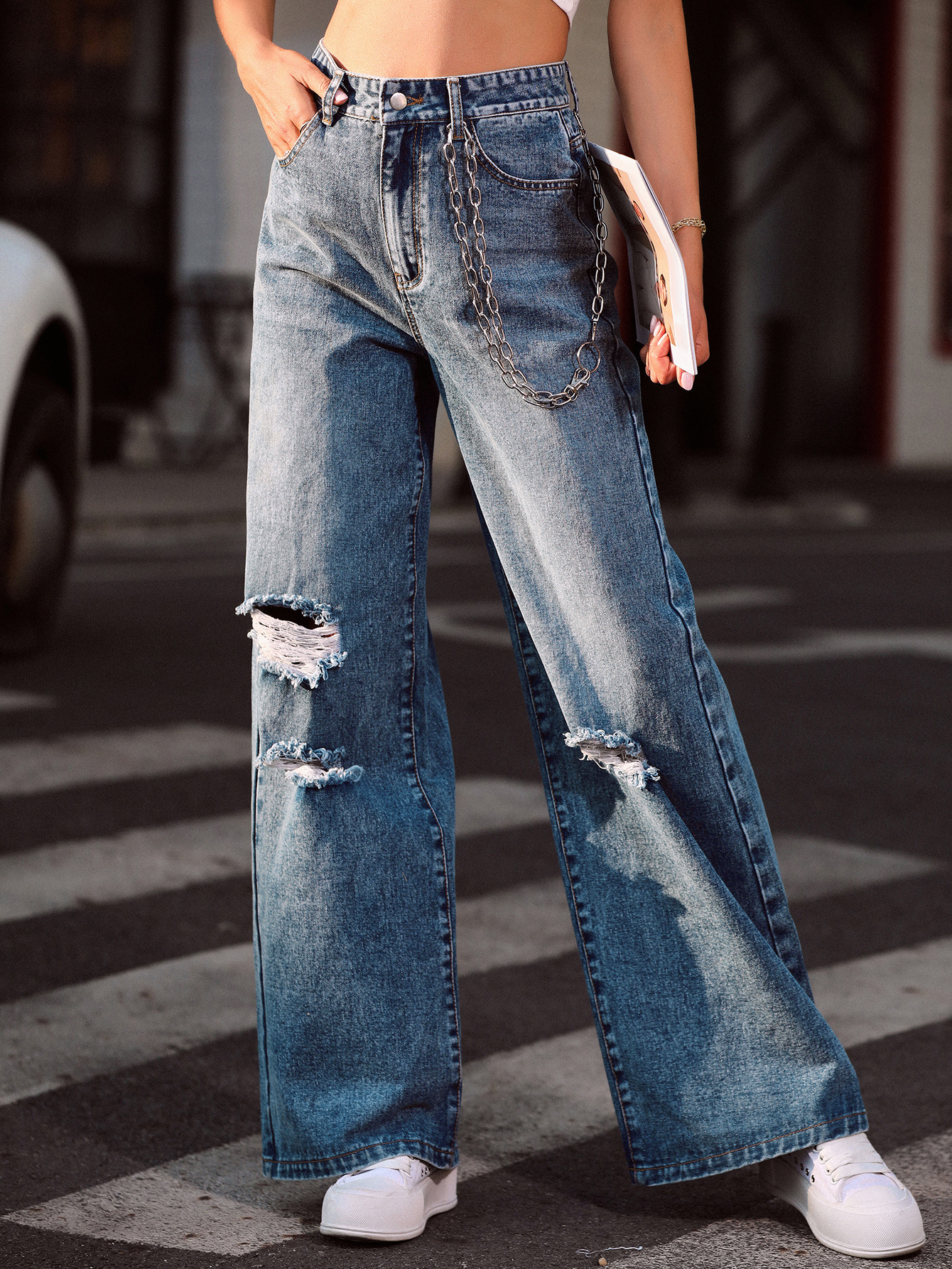 high waist ripped wide-leg jeans NSJM113821