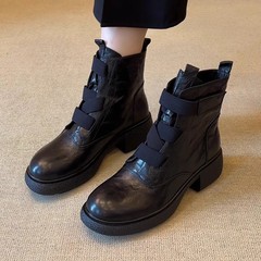 牛皮版~小个子厚底短靴女复古魔术贴切尔西瘦瘦靴子松紧带马丁靴