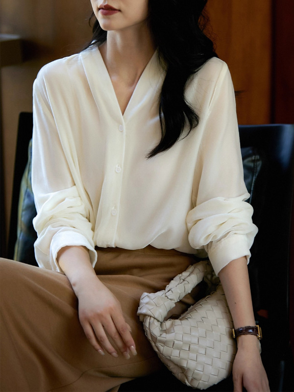 优雅轻奢感 丝绒气质V领单排扣显瘦长袖衬衫上衣女|undefined