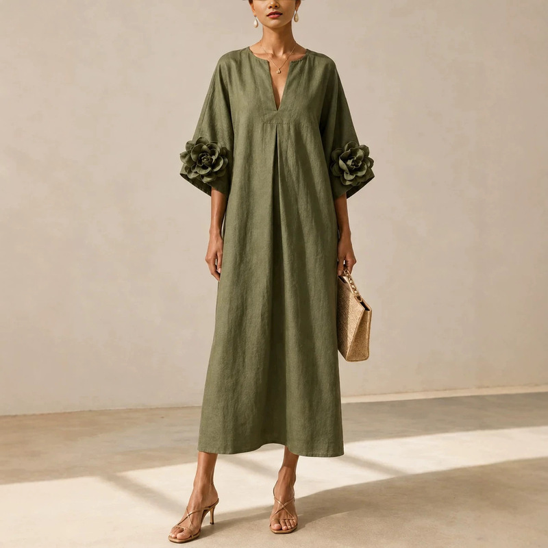 2026 olive green V-neck midi dress with striking floral cuffs European and American cross-border independent station 016 2026 olive green V-neck midi dress with striking floral cuffs European and American cross-border independent station 016