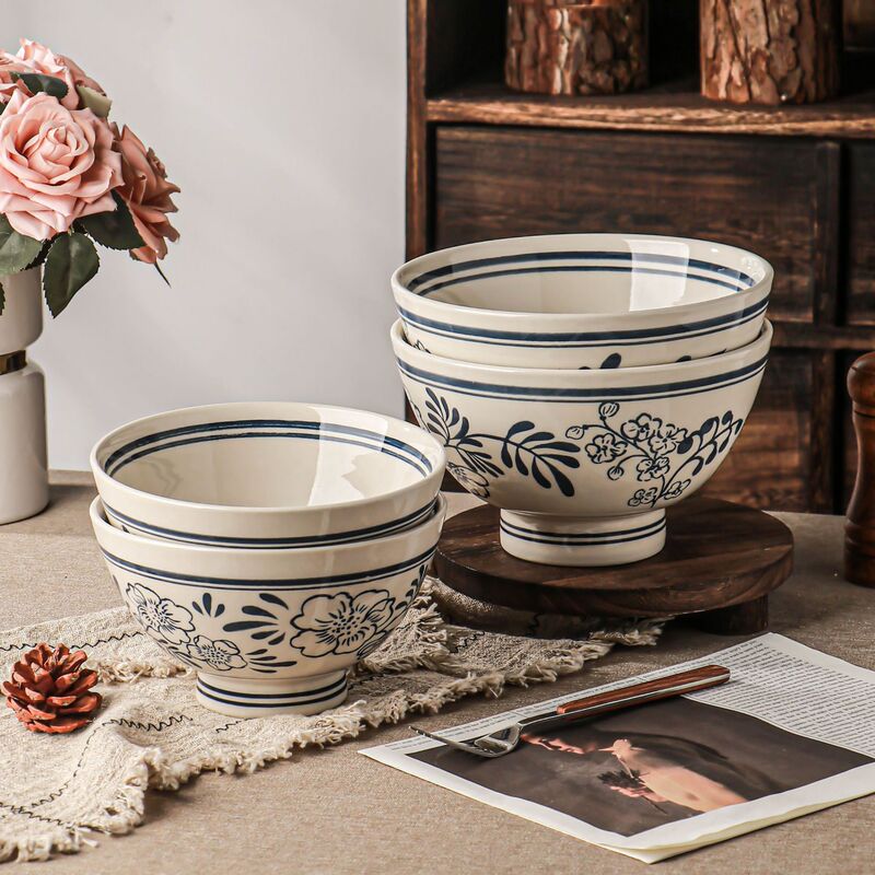 Traditional Chinese-Style Ramen Bowl for Home Use, Large Creative Conical Ceramic Bowl for Eating Noodles, Soup Bowl, Underglaze Color