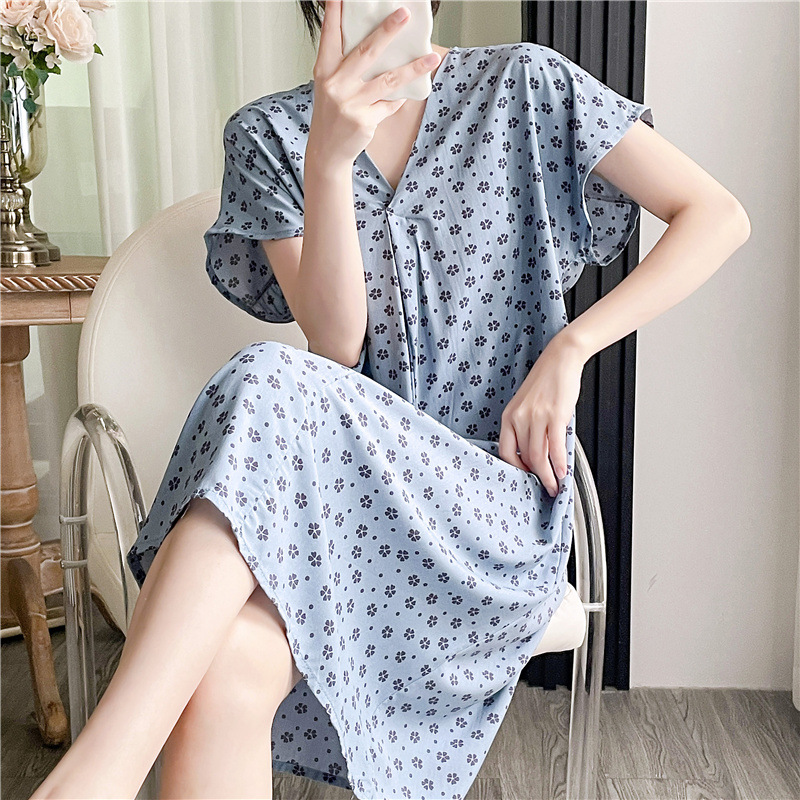 Camisón de seda de algodón para mujer verano nuevo Pijama estampado de dibujos animados de manga corta estilo coreano más tamaño ropa para el hogar suelta de seda de algodón delgada image 48