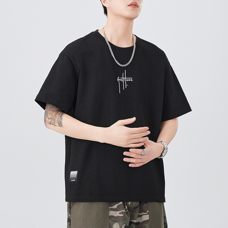 Cotton Letter Embroidered T-Shirt for Men 2026 New Style Loose Casual Short-Sleeved Summer Khaki Top