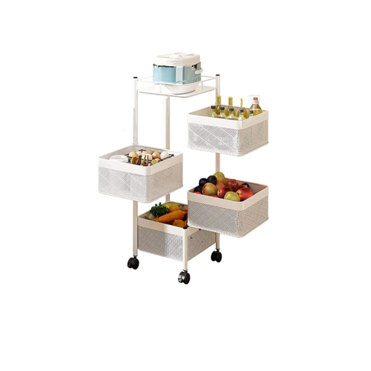 Household Floor-type Kitchen Multi-layer Square Carbon Steel Rotating Fruit and Vegetable Basket Movable Kitchen Fruit and Vegetable Storage Rack
